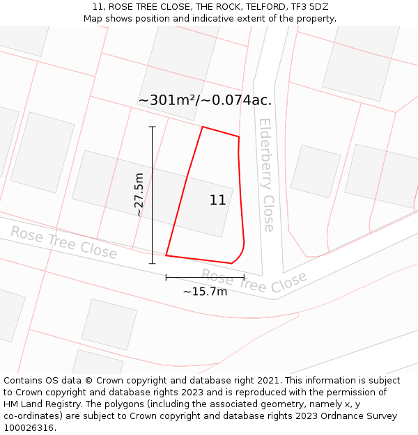 11, ROSE TREE CLOSE, THE ROCK, TELFORD, TF3 5DZ: Plot and title map
