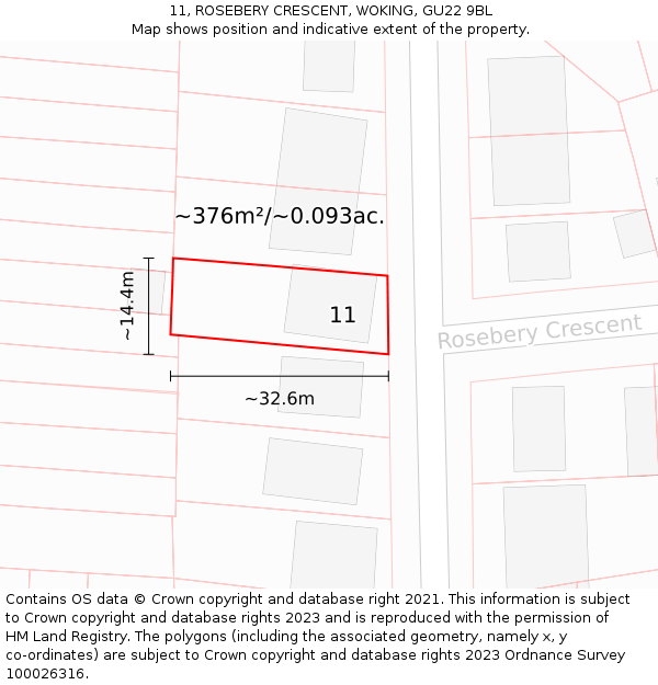 11, ROSEBERY CRESCENT, WOKING, GU22 9BL: Plot and title map