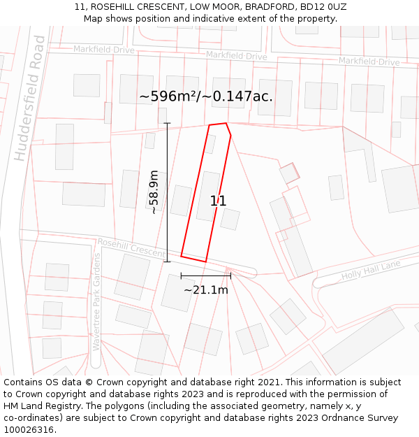 11, ROSEHILL CRESCENT, LOW MOOR, BRADFORD, BD12 0UZ: Plot and title map