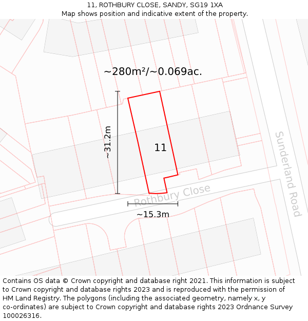 11, ROTHBURY CLOSE, SANDY, SG19 1XA: Plot and title map