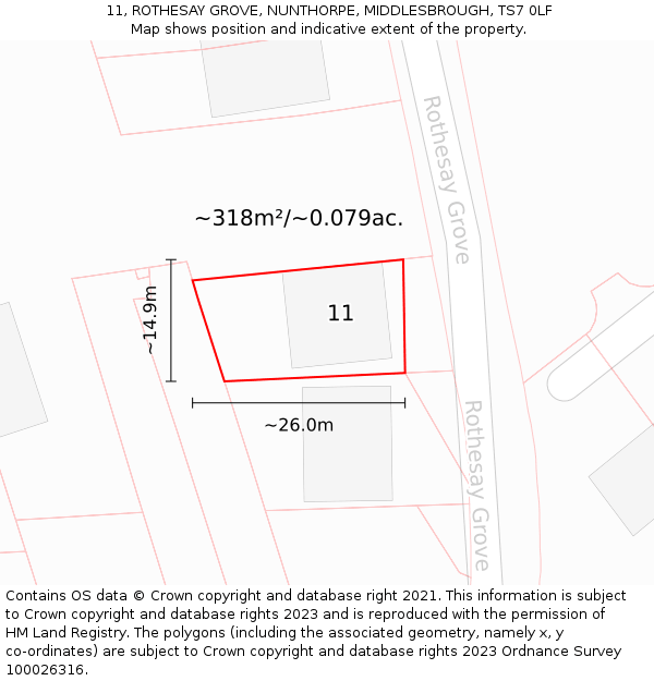 11, ROTHESAY GROVE, NUNTHORPE, MIDDLESBROUGH, TS7 0LF: Plot and title map