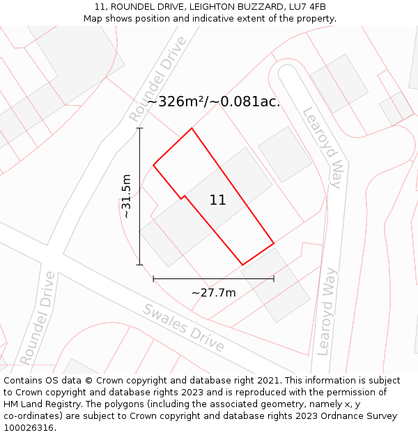 11, ROUNDEL DRIVE, LEIGHTON BUZZARD, LU7 4FB: Plot and title map