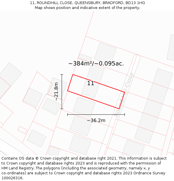 11, ROUNDHILL CLOSE, QUEENSBURY, BRADFORD, BD13 1HG: Plot and title map
