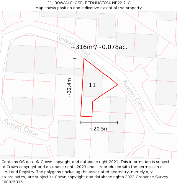 11, ROWAN CLOSE, BEDLINGTON, NE22 7LG: Plot and title map