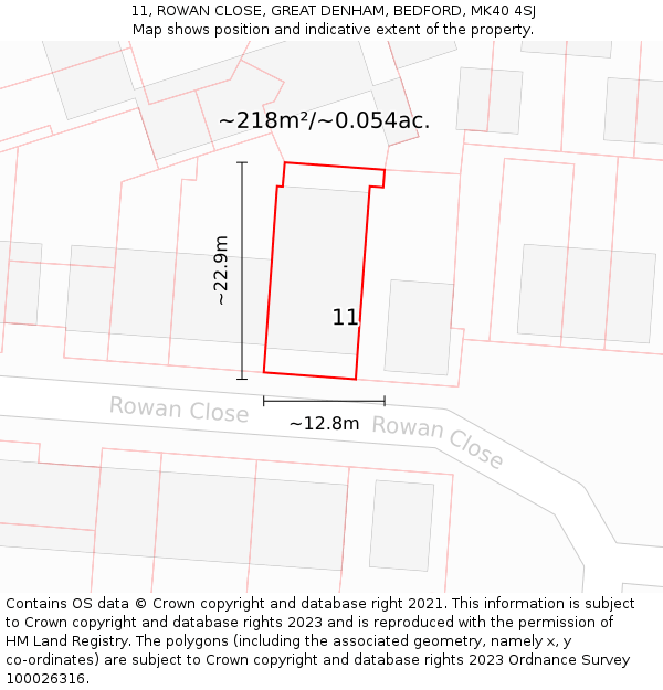 11, ROWAN CLOSE, GREAT DENHAM, BEDFORD, MK40 4SJ: Plot and title map