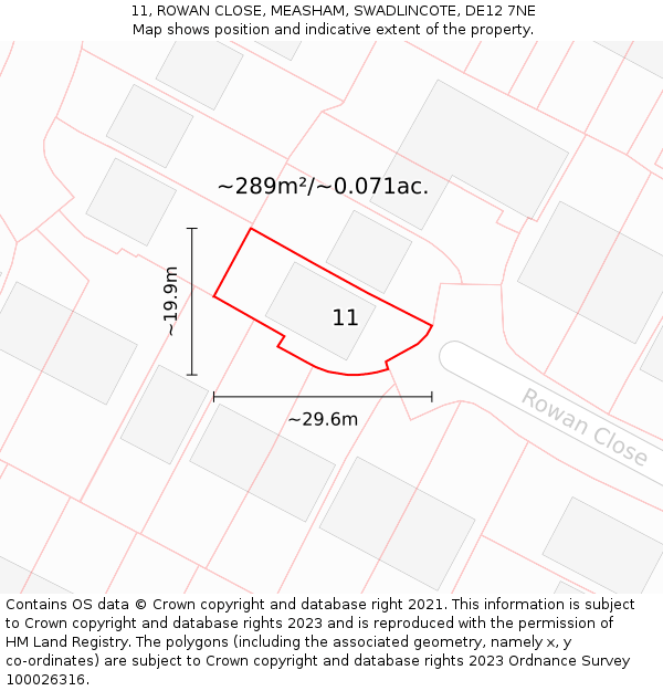 11, ROWAN CLOSE, MEASHAM, SWADLINCOTE, DE12 7NE: Plot and title map