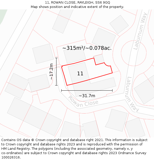 11, ROWAN CLOSE, RAYLEIGH, SS6 9GQ: Plot and title map