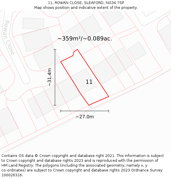 11, ROWAN CLOSE, SLEAFORD, NG34 7SP: Plot and title map
