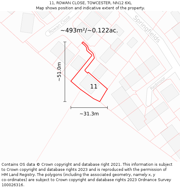 11, ROWAN CLOSE, TOWCESTER, NN12 6XL: Plot and title map