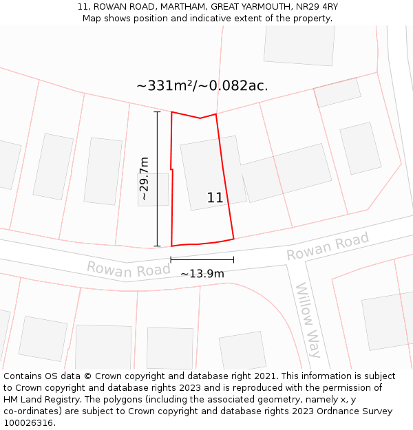 11, ROWAN ROAD, MARTHAM, GREAT YARMOUTH, NR29 4RY: Plot and title map