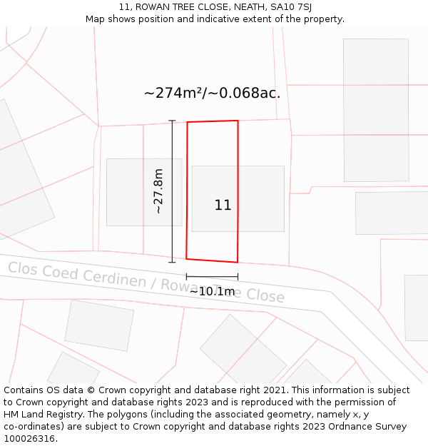 11, ROWAN TREE CLOSE, NEATH, SA10 7SJ: Plot and title map