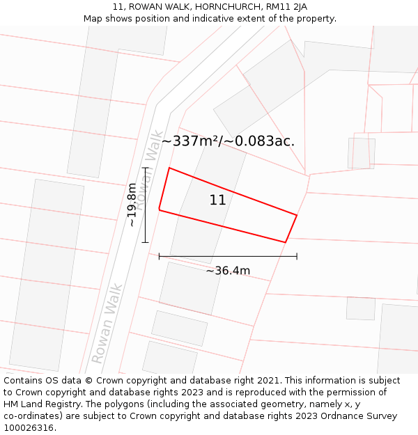 11, ROWAN WALK, HORNCHURCH, RM11 2JA: Plot and title map