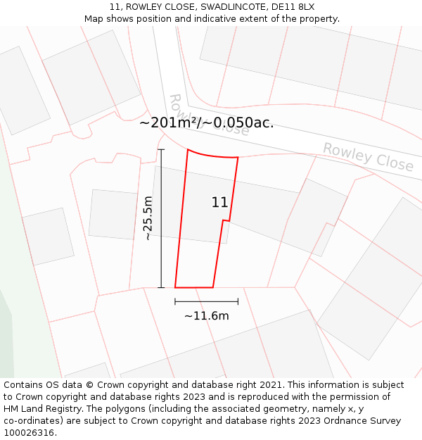 11, ROWLEY CLOSE, SWADLINCOTE, DE11 8LX: Plot and title map