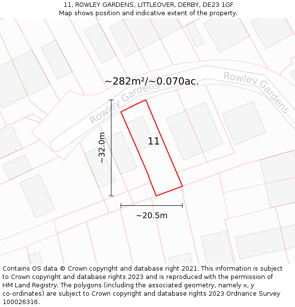 11, ROWLEY GARDENS, LITTLEOVER, DERBY, DE23 1GF: Plot and title map