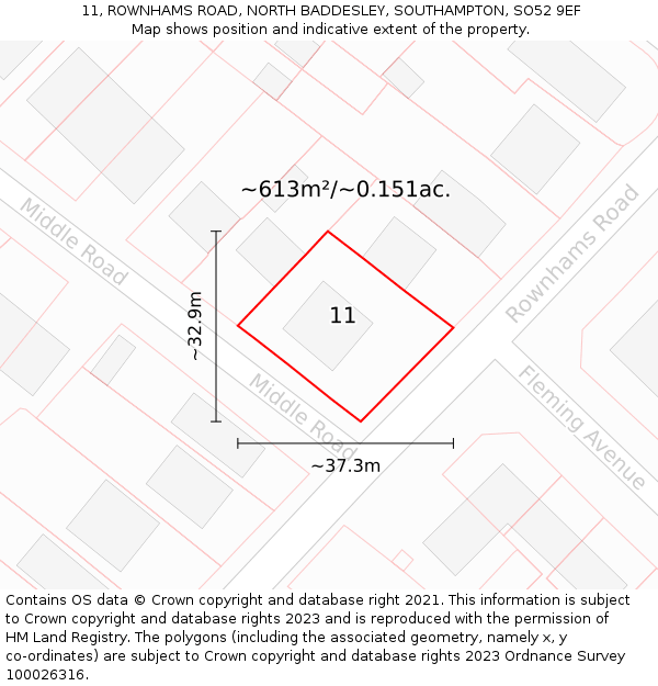 11, ROWNHAMS ROAD, NORTH BADDESLEY, SOUTHAMPTON, SO52 9EF: Plot and title map