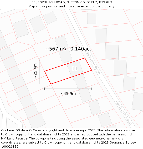 11, ROXBURGH ROAD, SUTTON COLDFIELD, B73 6LD: Plot and title map
