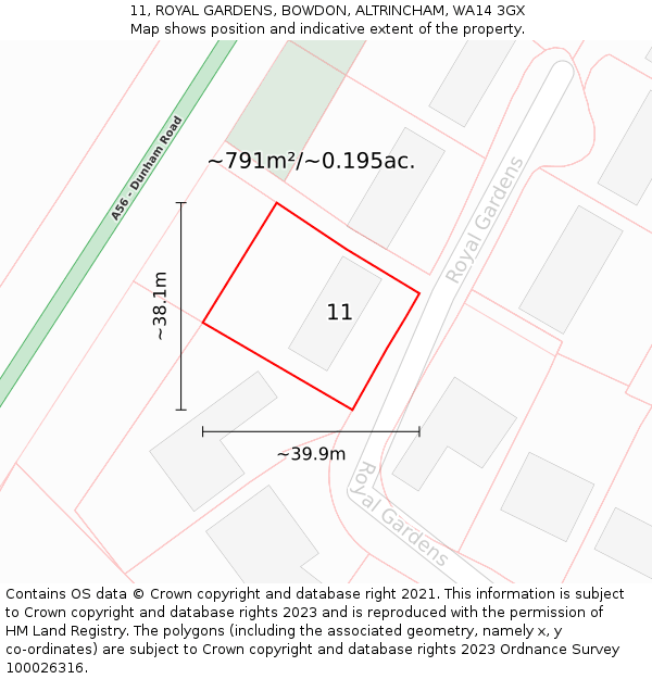 11, ROYAL GARDENS, BOWDON, ALTRINCHAM, WA14 3GX: Plot and title map