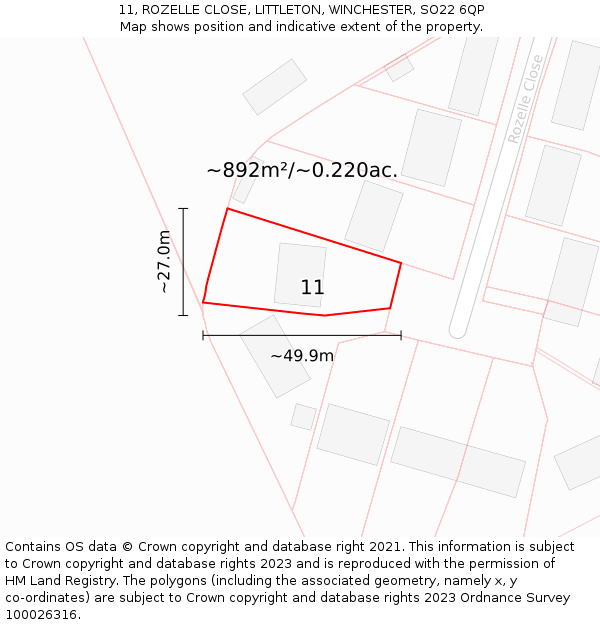 11, ROZELLE CLOSE, LITTLETON, WINCHESTER, SO22 6QP: Plot and title map
