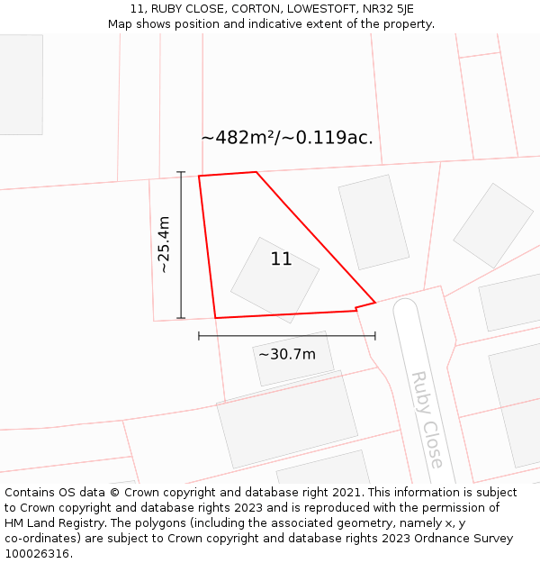 11, RUBY CLOSE, CORTON, LOWESTOFT, NR32 5JE: Plot and title map