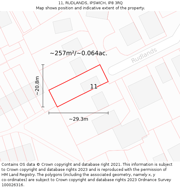 11, RUDLANDS, IPSWICH, IP8 3RQ: Plot and title map