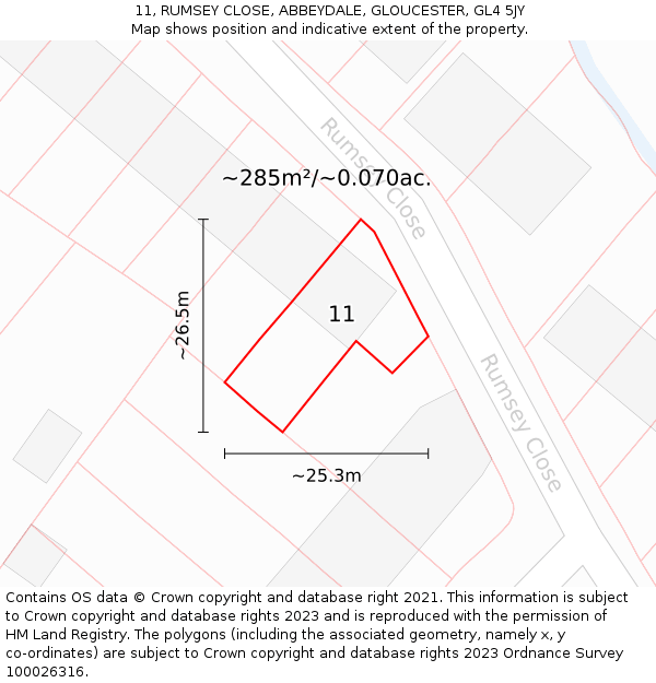 11, RUMSEY CLOSE, ABBEYDALE, GLOUCESTER, GL4 5JY: Plot and title map