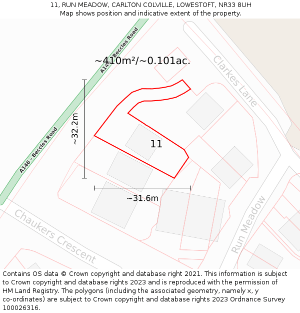 11, RUN MEADOW, CARLTON COLVILLE, LOWESTOFT, NR33 8UH: Plot and title map