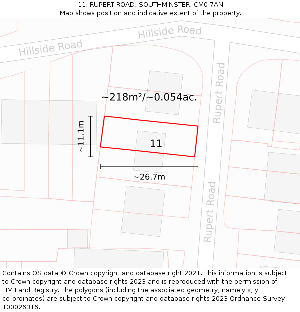 11, RUPERT ROAD, SOUTHMINSTER, CM0 7AN: Plot and title map