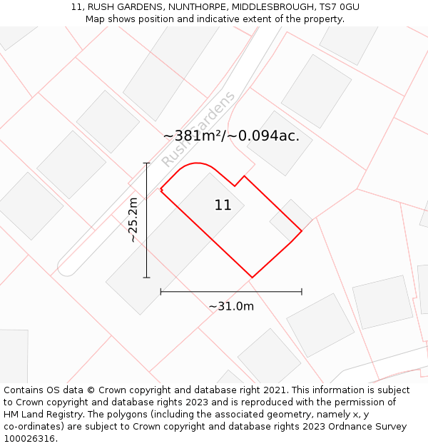 11, RUSH GARDENS, NUNTHORPE, MIDDLESBROUGH, TS7 0GU: Plot and title map