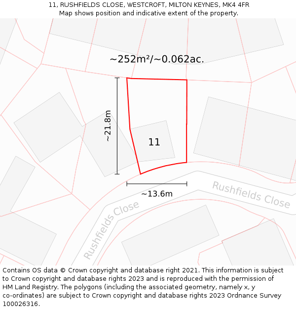 11, RUSHFIELDS CLOSE, WESTCROFT, MILTON KEYNES, MK4 4FR: Plot and title map