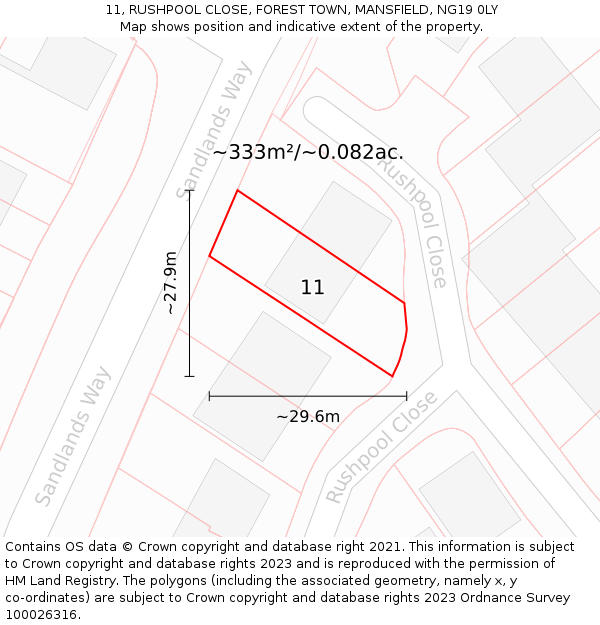 11, RUSHPOOL CLOSE, FOREST TOWN, MANSFIELD, NG19 0LY: Plot and title map