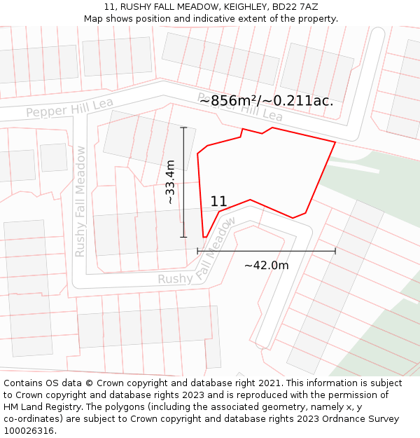 11, RUSHY FALL MEADOW, KEIGHLEY, BD22 7AZ: Plot and title map