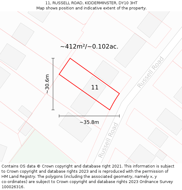 11, RUSSELL ROAD, KIDDERMINSTER, DY10 3HT: Plot and title map