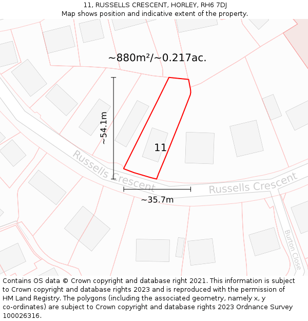 11, RUSSELLS CRESCENT, HORLEY, RH6 7DJ: Plot and title map