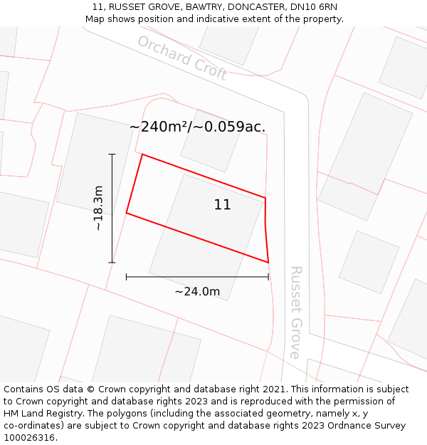 11, RUSSET GROVE, BAWTRY, DONCASTER, DN10 6RN: Plot and title map
