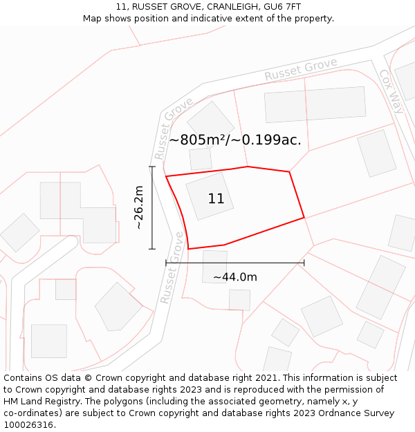 11, RUSSET GROVE, CRANLEIGH, GU6 7FT: Plot and title map