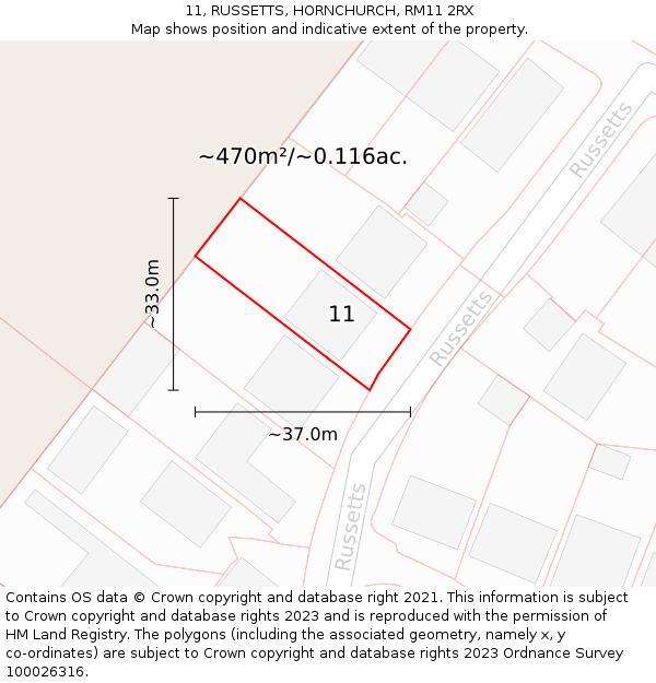 11, RUSSETTS, HORNCHURCH, RM11 2RX: Plot and title map