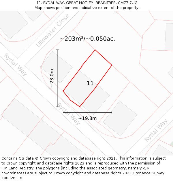 11, RYDAL WAY, GREAT NOTLEY, BRAINTREE, CM77 7UG: Plot and title map
