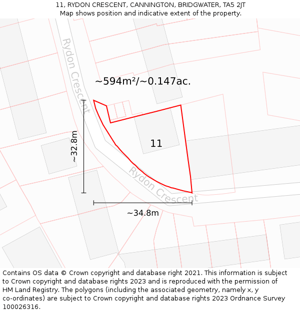 11, RYDON CRESCENT, CANNINGTON, BRIDGWATER, TA5 2JT: Plot and title map