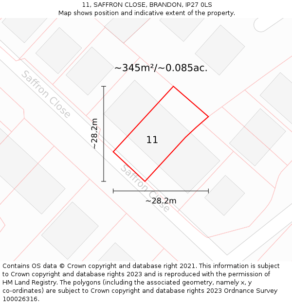 11, SAFFRON CLOSE, BRANDON, IP27 0LS: Plot and title map