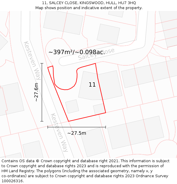 11, SALCEY CLOSE, KINGSWOOD, HULL, HU7 3HQ: Plot and title map