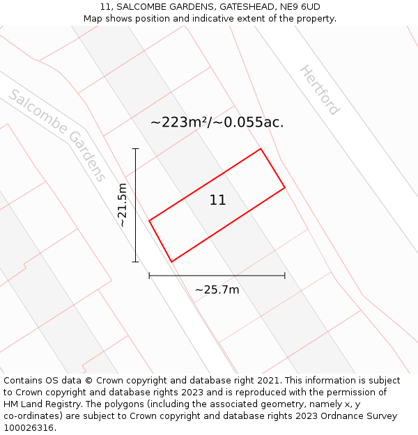 11, SALCOMBE GARDENS, GATESHEAD, NE9 6UD: Plot and title map