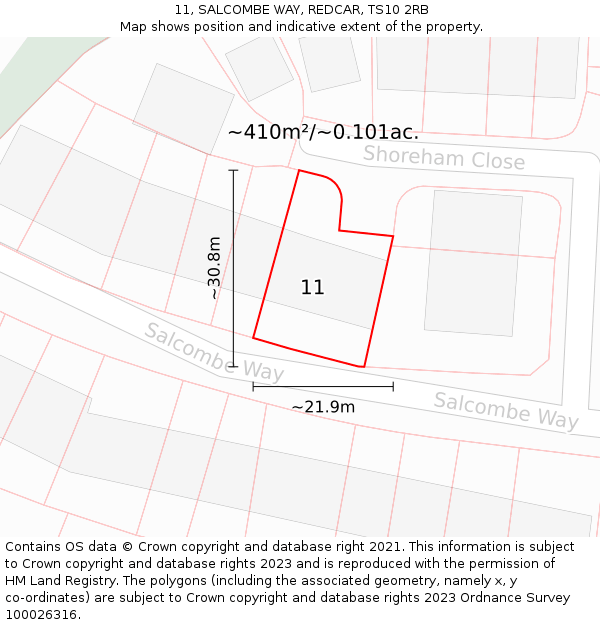 11, SALCOMBE WAY, REDCAR, TS10 2RB: Plot and title map