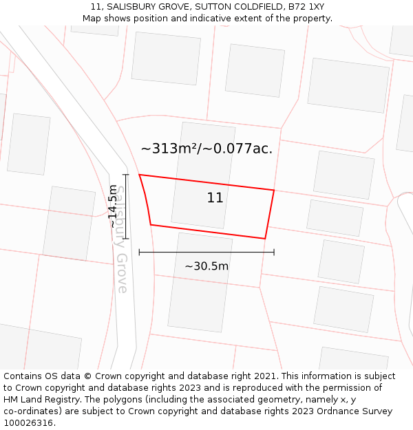 11, SALISBURY GROVE, SUTTON COLDFIELD, B72 1XY: Plot and title map