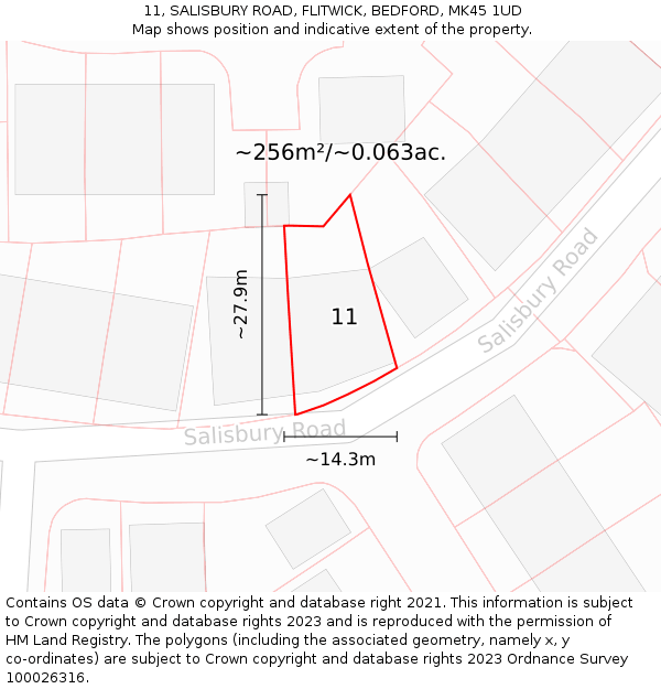 11, SALISBURY ROAD, FLITWICK, BEDFORD, MK45 1UD: Plot and title map