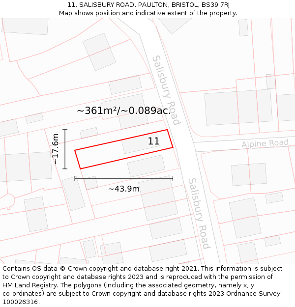 11, SALISBURY ROAD, PAULTON, BRISTOL, BS39 7RJ: Plot and title map