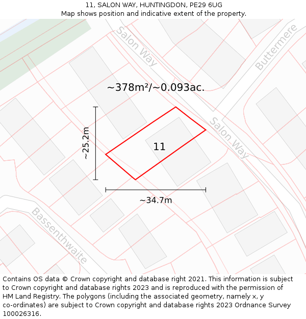 11, SALON WAY, HUNTINGDON, PE29 6UG: Plot and title map