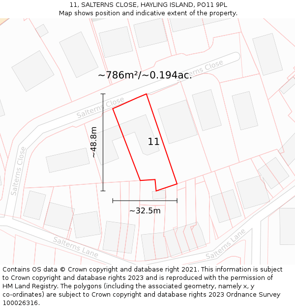 11, SALTERNS CLOSE, HAYLING ISLAND, PO11 9PL: Plot and title map
