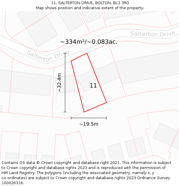 11, SALTERTON DRIVE, BOLTON, BL3 3RG: Plot and title map