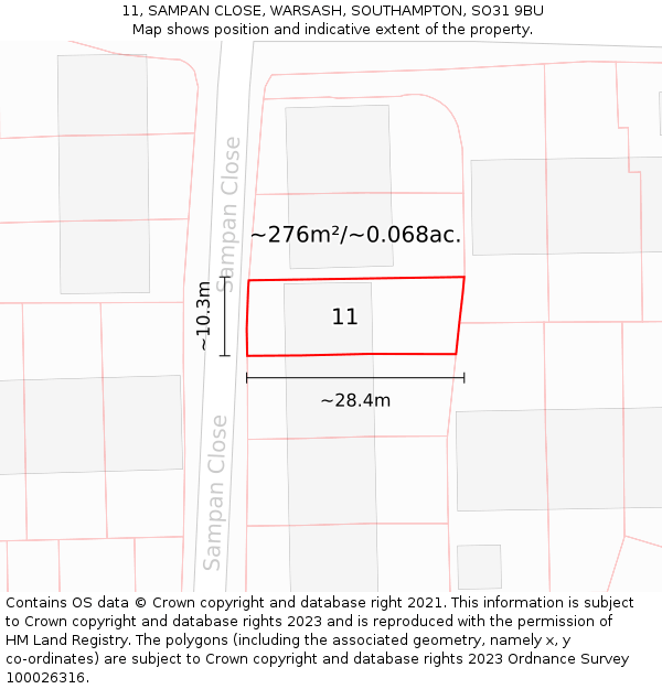 11, SAMPAN CLOSE, WARSASH, SOUTHAMPTON, SO31 9BU: Plot and title map