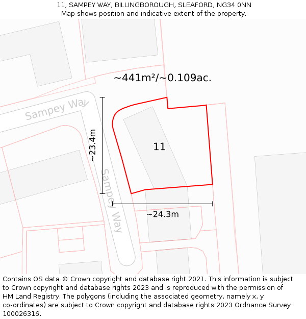 11, SAMPEY WAY, BILLINGBOROUGH, SLEAFORD, NG34 0NN: Plot and title map